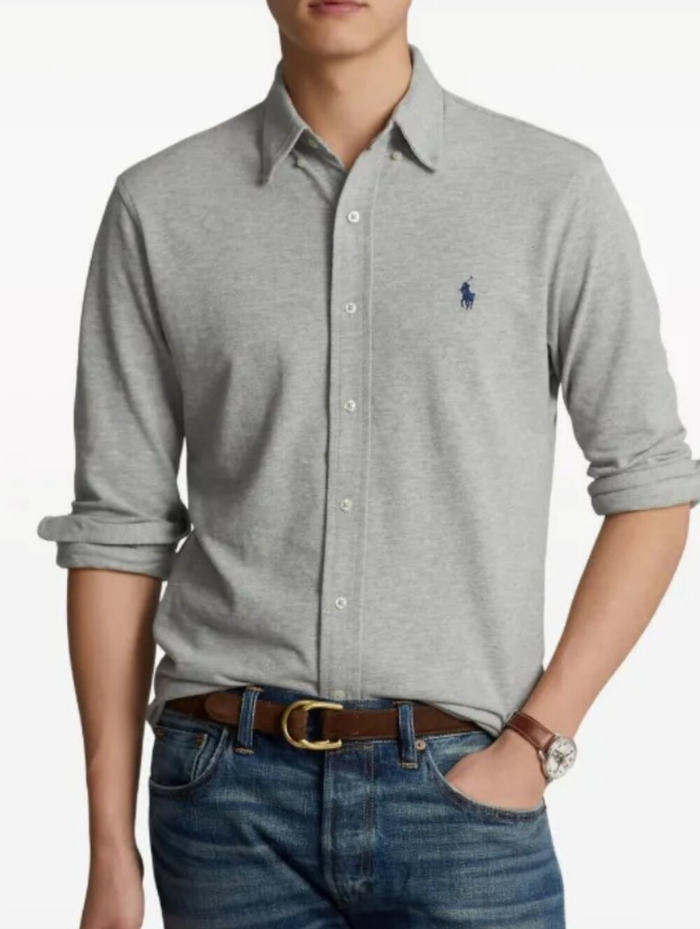 Polo by Ralph Lauren Light Gray Button-Down Shirt with Navy Logo/ 100% Cotton